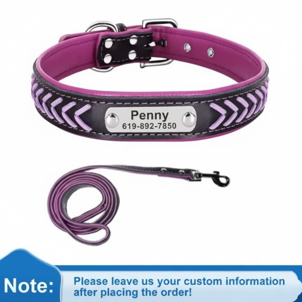 Personalized Engraved Leather Dog Collar with ID Nameplate, Gift for Dog Mom/Dad