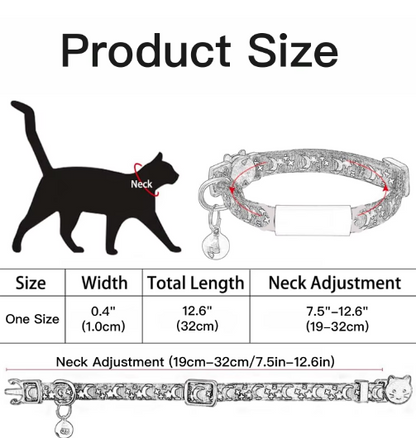 Personalized Glow in the Dark Cat Collar with Engraved ID, Bell & Moon Charm