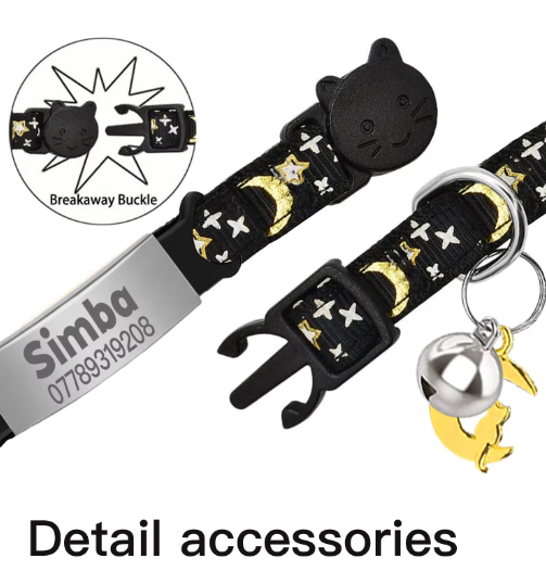 Personalized Glow in the Dark Cat Collar with Engraved ID, Bell & Moon Charm
