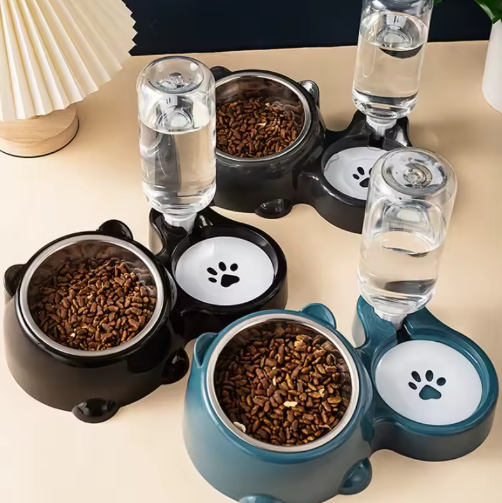 Automatic Water Dispenser with Food Bowl - Gravity-Fed System for Cats & Dogs