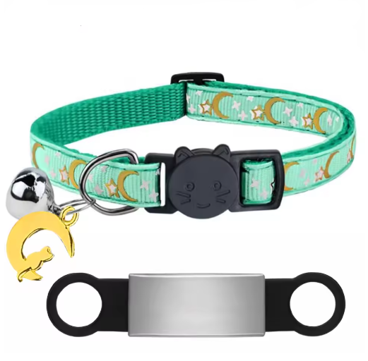 Personalized Glow in the Dark Cat Collar with Engraved ID, Bell & Moon Charm