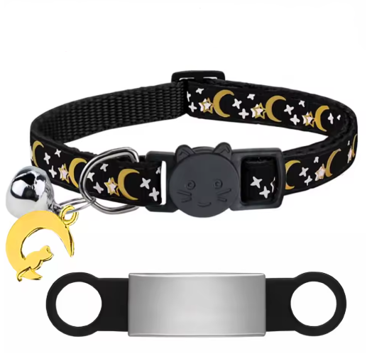 Personalized Glow in the Dark Cat Collar with Engraved ID, Bell & Moon Charm