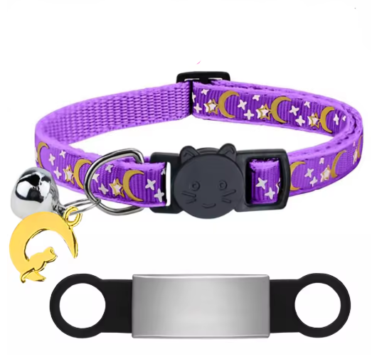Personalized Glow in the Dark Cat Collar with Engraved ID, Bell & Moon Charm