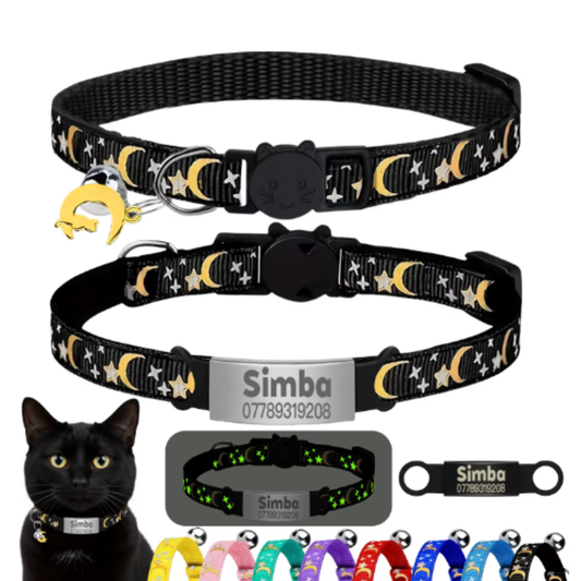Personalized Glow in the Dark Cat Collar with Engraved ID, Bell & Moon Charm