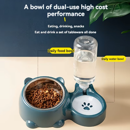 Automatic Water Dispenser with Food Bowl - Gravity-Fed System for Cats & Dogs