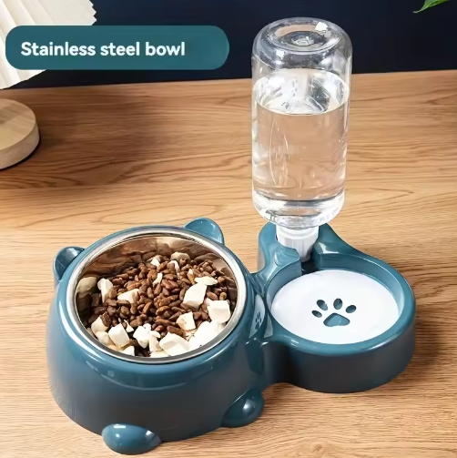 Automatic Water Dispenser with Food Bowl - Gravity-Fed System for Cats & Dogs
