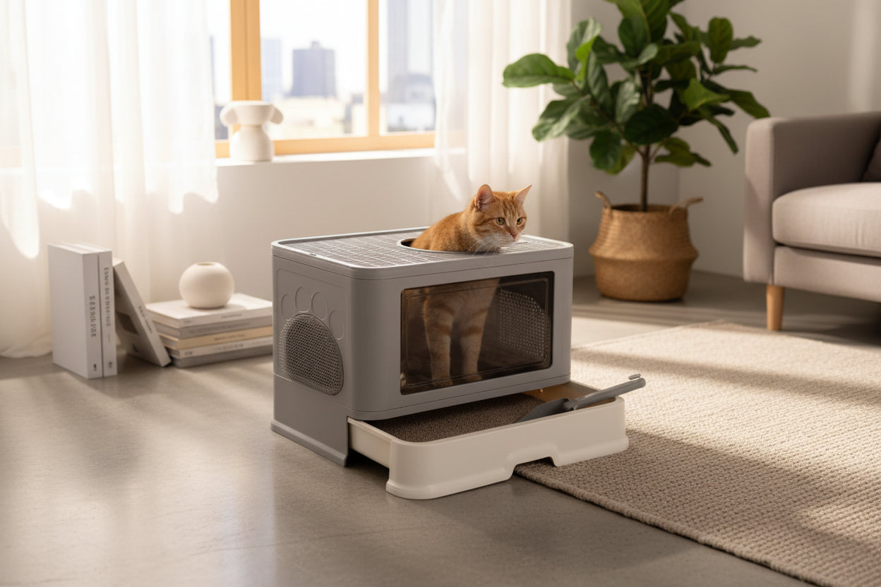 Large Top Entry Cat Litter Box - Enclosed Hooded With Drawer & Scoop