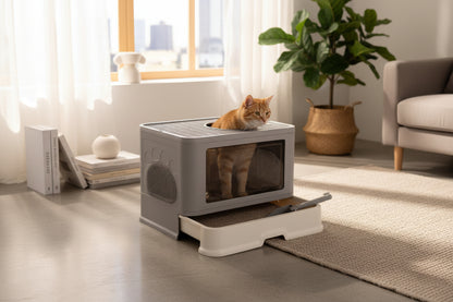 Large Top Entry Cat Litter Box - Enclosed Hooded With Drawer & Scoop