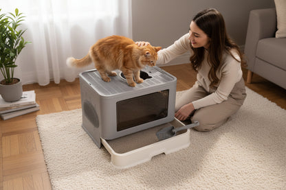 Large Top Entry Cat Litter Box - Enclosed Hooded With Drawer & Scoop