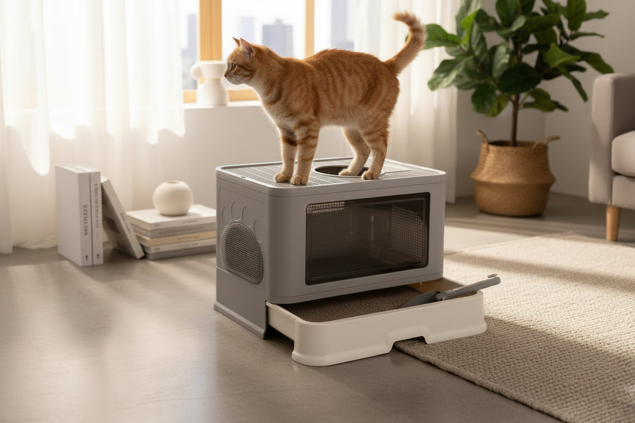 Large Top Entry Cat Litter Box - Enclosed Hooded With Drawer & Scoop