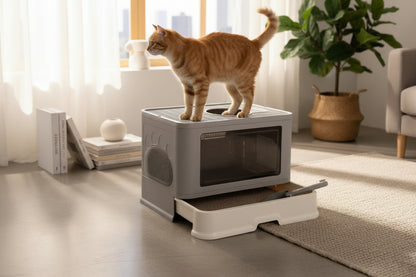 Large Top Entry Cat Litter Box - Enclosed Hooded With Drawer & Scoop