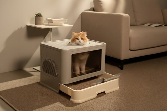 Large Top Entry Cat Litter Box - Enclosed Hooded With Drawer & Scoop