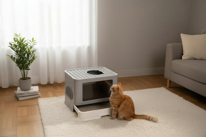 Large Top Entry Cat Litter Box - Enclosed Hooded With Drawer & Scoop