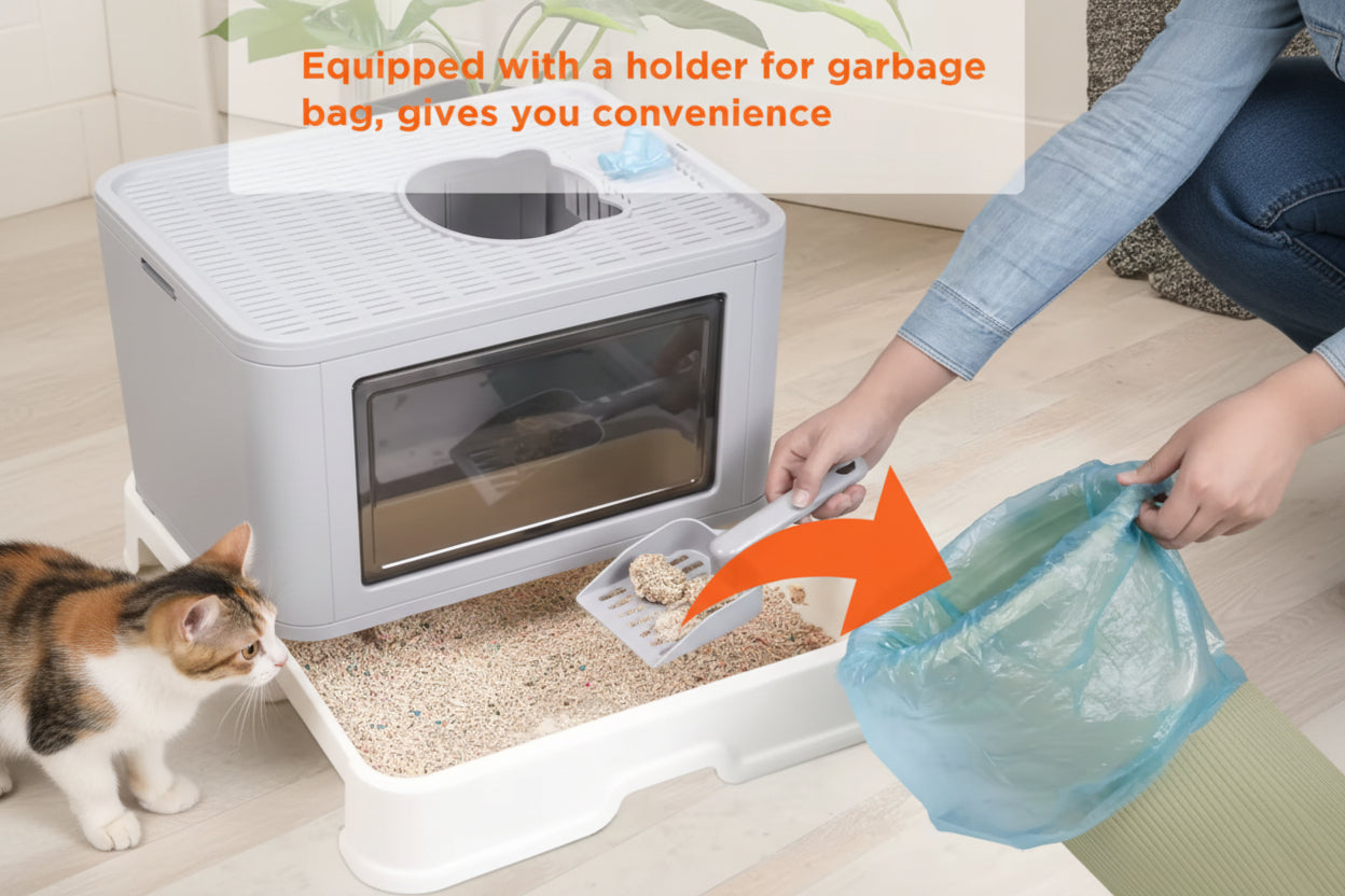 Large Top Entry Cat Litter Box - Enclosed Hooded With Drawer & Scoop
