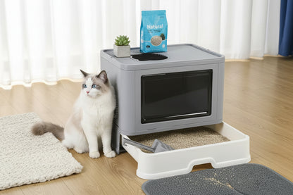 Large Top Entry Cat Litter Box - Enclosed Hooded With Drawer & Scoop