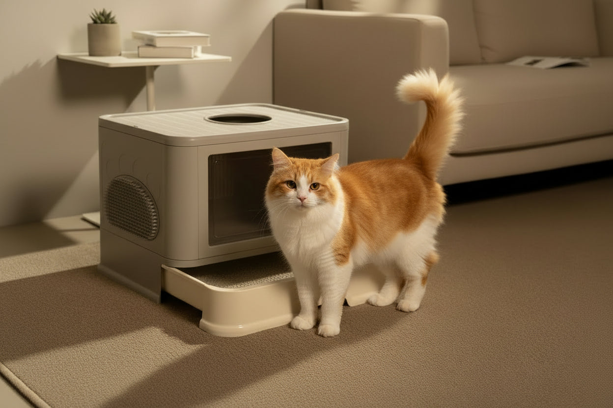Large Top Entry Cat Litter Box - Enclosed Hooded With Drawer & Scoop