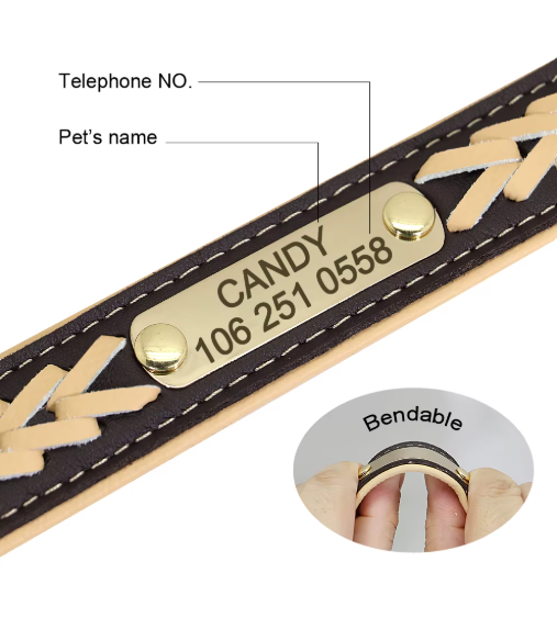 Personalized Engraved Leather Dog Collar with ID Nameplate, Gift for Dog Mom/Dad
