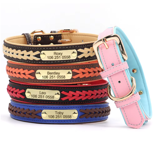 Personalized Engraved Leather Dog Collar with ID Nameplate, Gift for Dog Mom/Dad