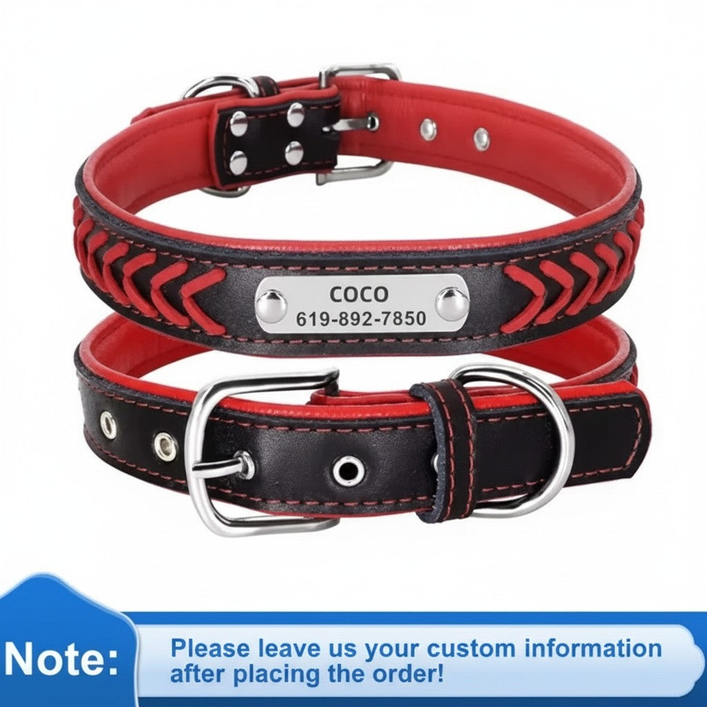 Personalized Engraved Leather Dog Collar with ID Nameplate, Gift for Dog Mom/Dad