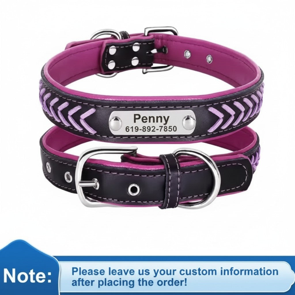 Personalized Engraved Leather Dog Collar with ID Nameplate, Gift for Dog Mom/Dad