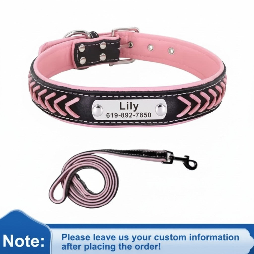 Personalized Engraved Leather Dog Collar with ID Nameplate, Gift for Dog Mom/Dad