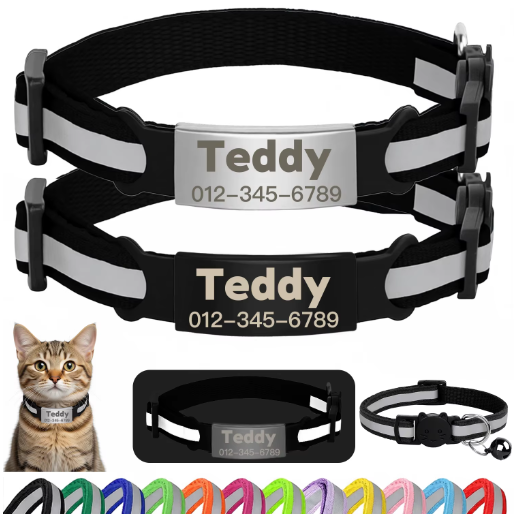 Personalized Reflective Cat/Puppy Collar with Engraved ID Nameplate & Bell