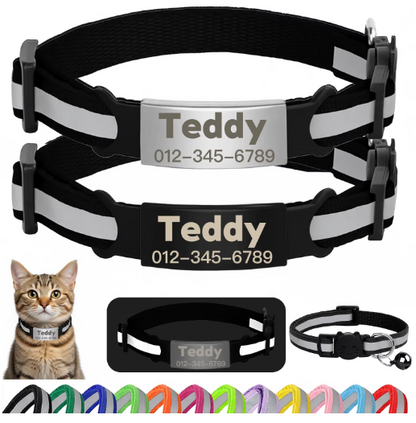 Personalized Reflective Cat/Puppy Collar with Engraved ID Nameplate & Bell