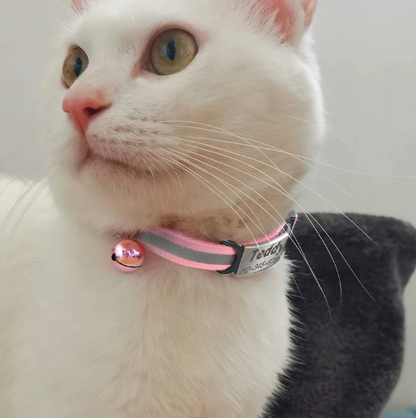 Personalized Reflective Cat/Puppy Collar with Engraved ID Nameplate & Bell